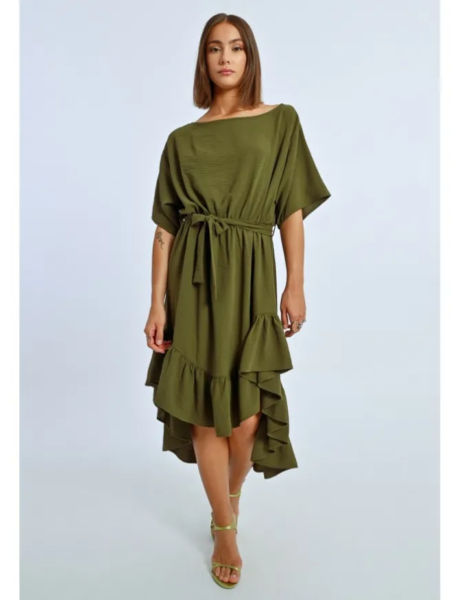 Vestido largo de manga corta con lazada y volantes