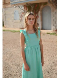 Vestido largo de manga corta y volantes