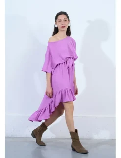 Vestido largo de manga corta con lazada y volantes
