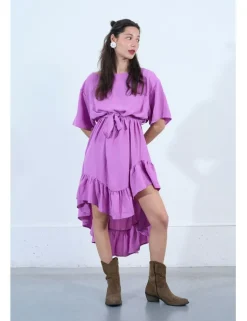 Vestido largo de manga corta con lazada y volantes