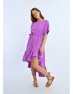 Vestido largo de manga corta con lazada y volantes