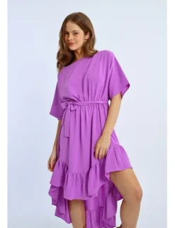 Vestido largo de manga corta con lazada y volantes
