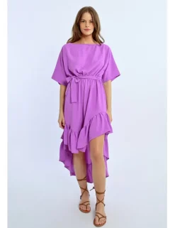 Vestido largo de manga corta con lazada y volantes