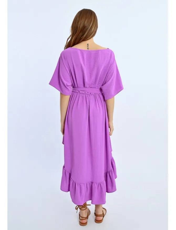 Vestido largo de manga corta con lazada y volantes