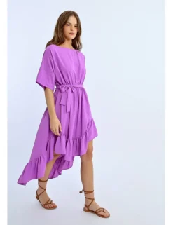 Vestido largo de manga corta con lazada y volantes