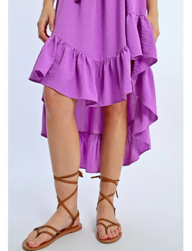 Vestido largo de manga corta con lazada y volantes
