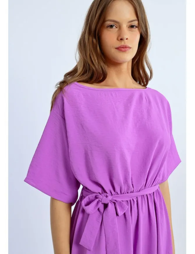 Vestido largo de manga corta con lazada y volantes