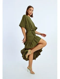 Vestido largo de manga corta con lazada y volantes