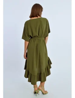 Vestido largo de manga corta con lazada y volantes