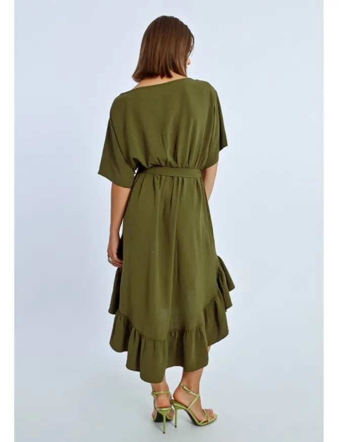 Vestido largo de manga corta con lazada y volantes