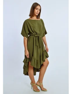 Vestido largo de manga corta con lazada y volantes