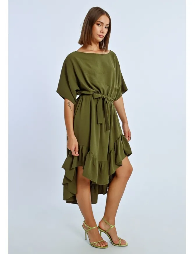 Vestido largo de manga corta con lazada y volantes