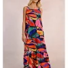 Vestido largo de tirantes con estampado y volantes