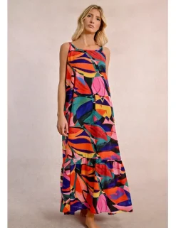 Vestido largo de tirantes con estampado y volantes