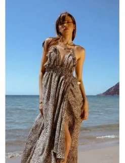 Vestido largo de tirantes con estampado y volantes