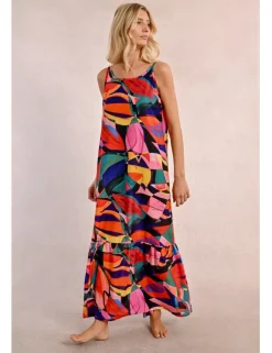 Vestido largo de tirantes con estampado y volantes