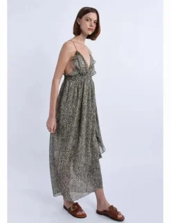 Vestido largo de tirantes con estampado y volantes