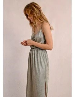 Vestido largo de tirantes en tejido brillante