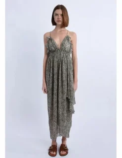 Vestido largo de tirantes con estampado y volantes