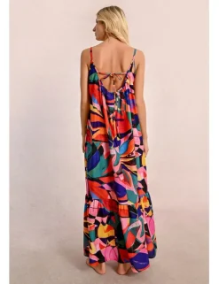Vestido largo de tirantes con estampado y volantes