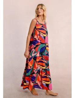 Vestido largo de tirantes con estampado y volantes