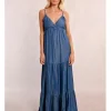 Vestido largo efecto vaquero con abertura y volantes