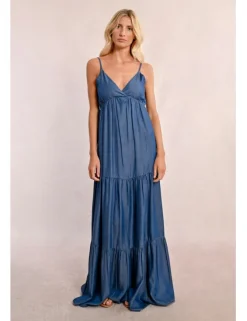 Vestido largo efecto vaquero con abertura y volantes