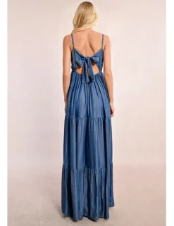 Vestido largo efecto vaquero con abertura y volantes