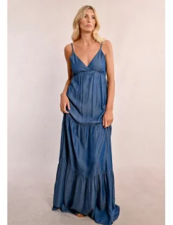 Vestido largo efecto vaquero con abertura y volantes