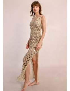 Vestido largo en punto calado con lentejuelas