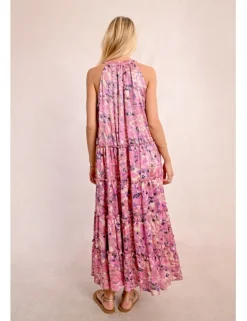 Vestido largo escote halter con estampado y volantes