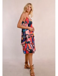 Vestido midi de tirantes con estampado y volantes