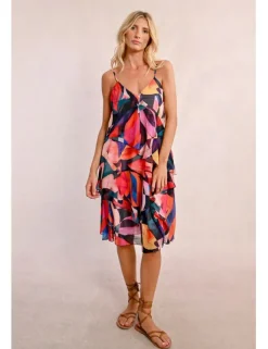 Vestido midi de tirantes con estampado y volantes