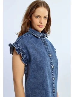 Vestido vaquero de manga corta detalle volantes