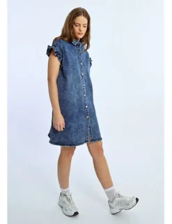 Vestido vaquero de manga corta detalle volantes